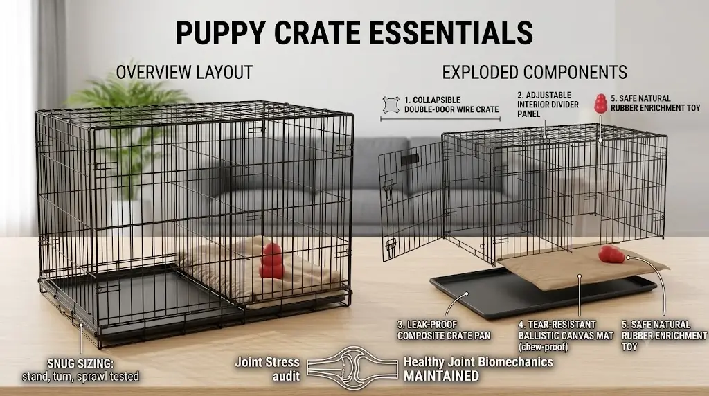 Puppy crate essentials layout showing a wire crate with divider, chew-resistant mat, and safe rubber chew toy
