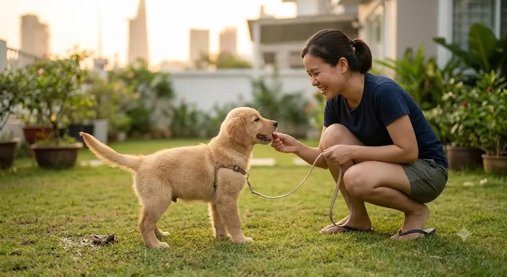 Dog owner giving a treat to a puppy outside right after successful elimination