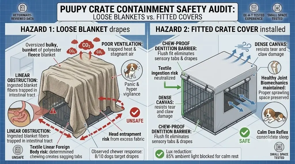 Diagram showing the suffocation and chewing hazards of using loose blankets versus fitted crate covers