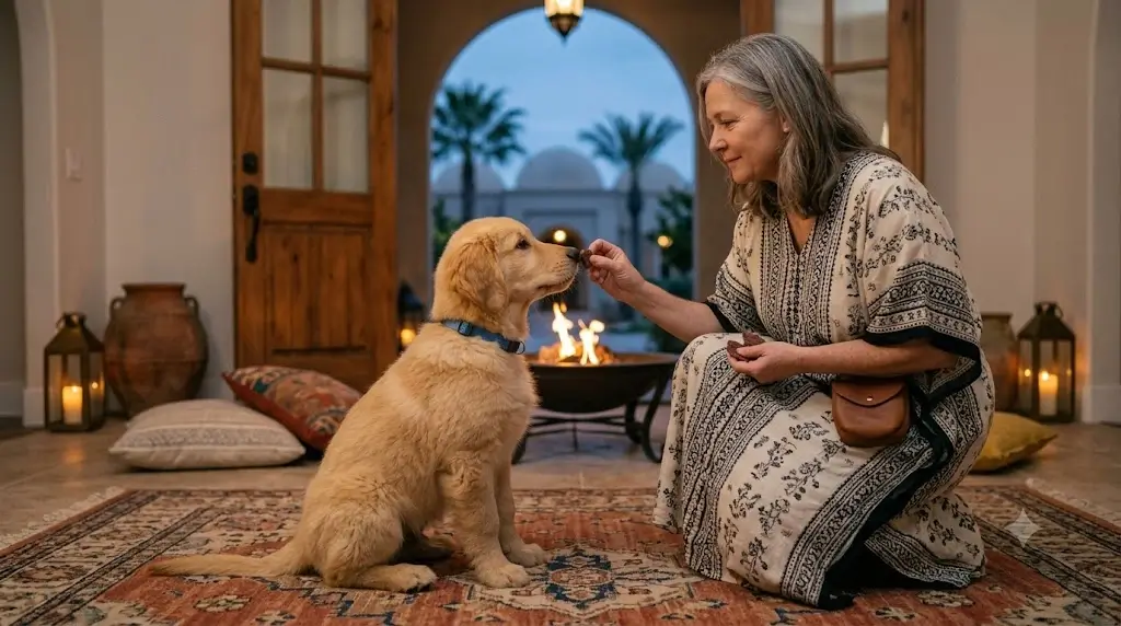 Dog trainer rewarding a calm puppy with a treat during quiet indoor practice