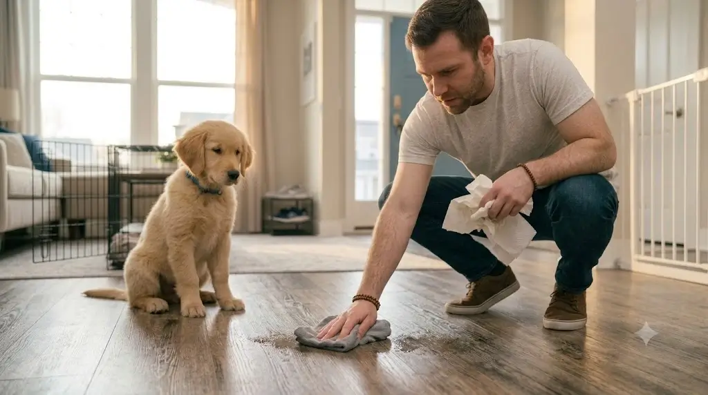Person carefully wiping pet urine from a hardwood floor with a microfiber cloth