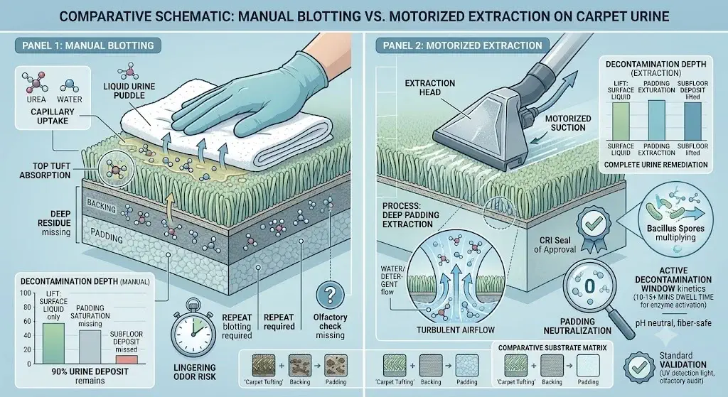 Diagram showing manual blotting versus motorized extraction on carpet urine