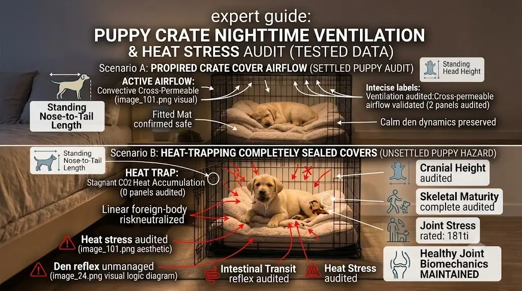 Diagram showing proper crate cover airflow versus completely sealed covers for unsettled puppies