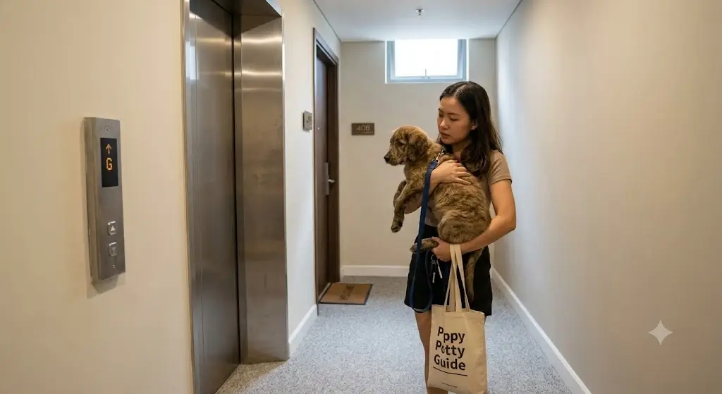 Pet owner holding a puppy while standing in an apartment building hallway near an elevator for a potty trip