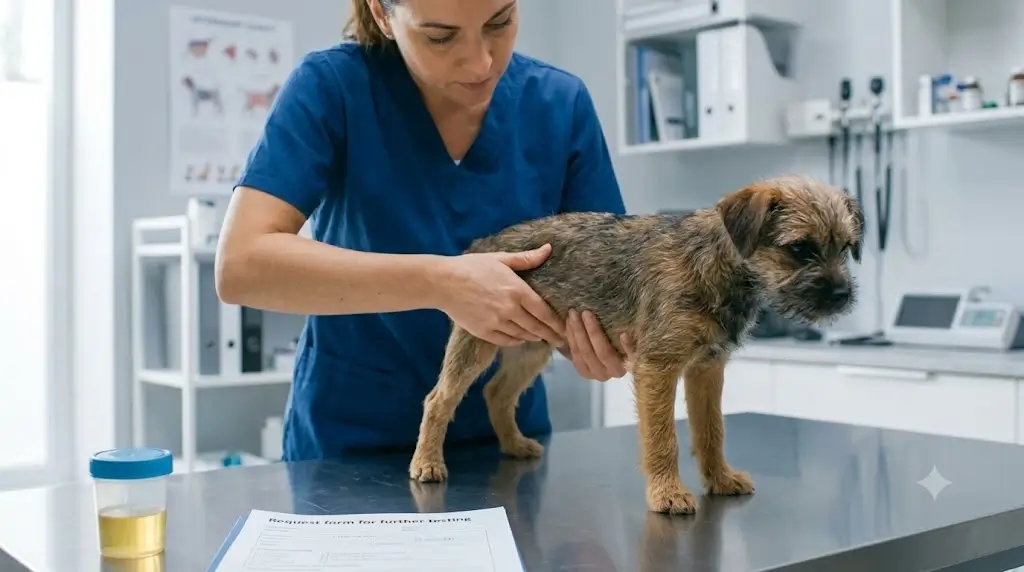 Veterinarian performing an exam on a puppy to check for underlying medical causes of accidents