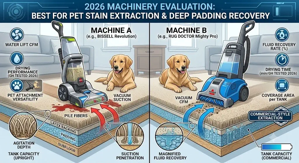 Diagram showing carpet cleaner machine extracting pet stains from carpet fibers and padding