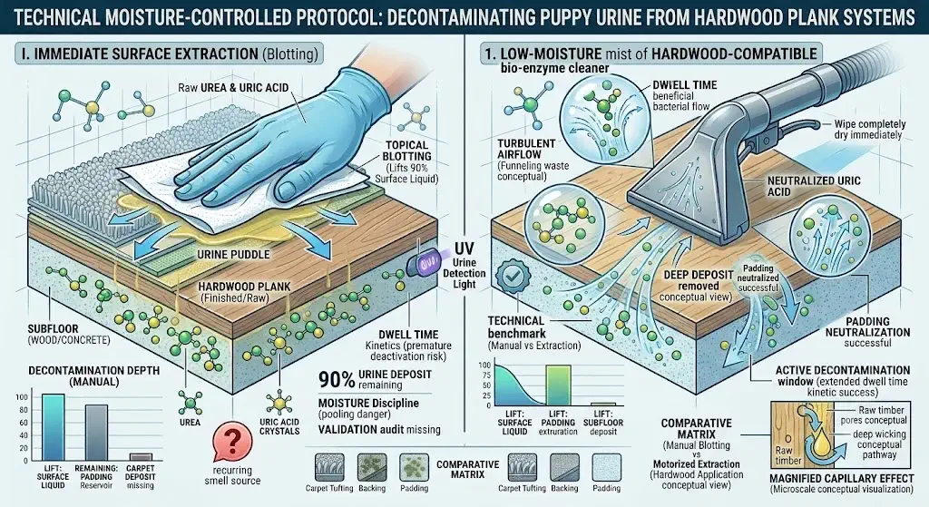 Technical moisture-controlled protocol for cleaning puppy pee from hardwood floors