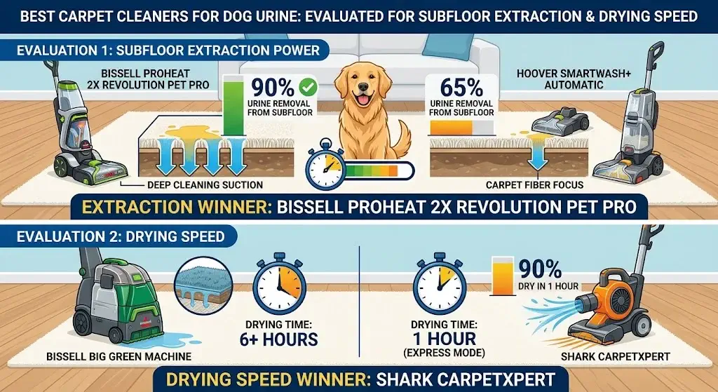 Best carpet cleaners for dog urine evaluated for carpet subfloor extraction and drying speed