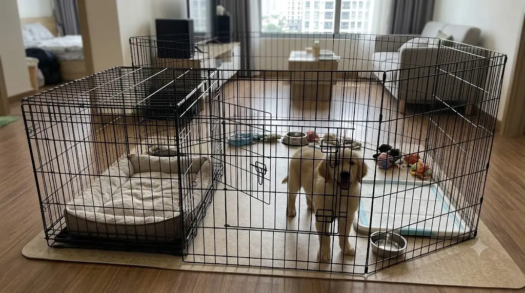 MidWest Wire Exercise Pen attached directly to a wire puppy crate creating a dedicated long term confinement area