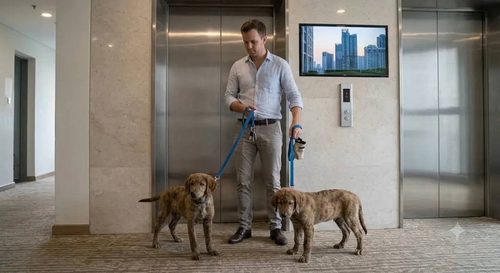 An owner holding two puppies on separate short leashes preparing for an apartment elevator ride