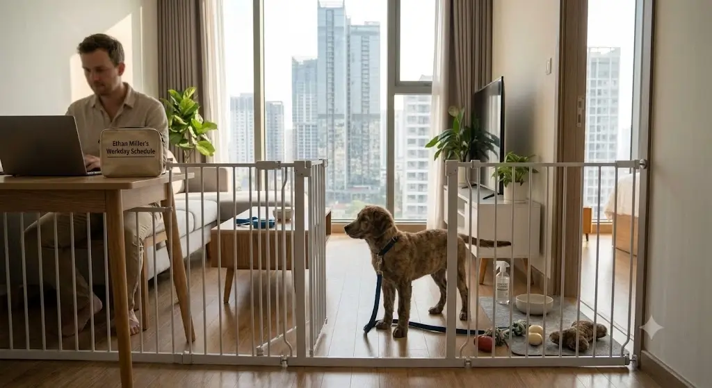A secure puppy-proofed room with baby gates, water bowl, and chew toys for daytime work hours