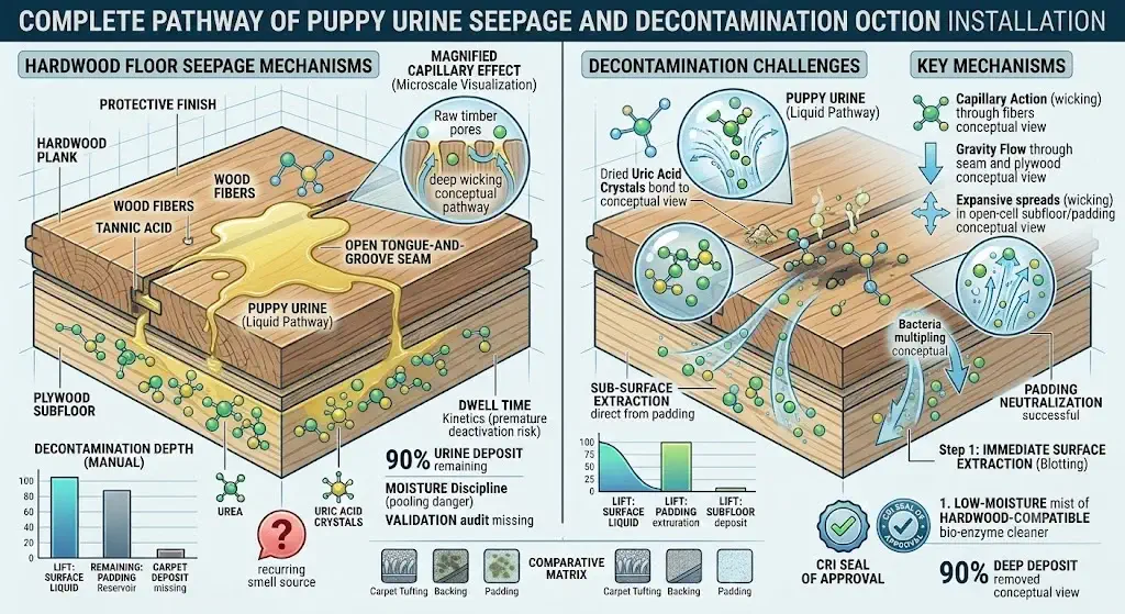 Cross-section diagram illustrating puppy urine seepage between hardwood floor seams into plywood subfloor
