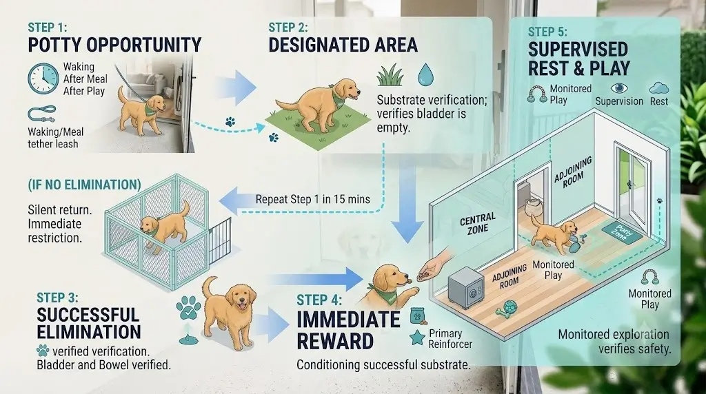 Flowchart showing potty opportunity leading to elimination then reward and play