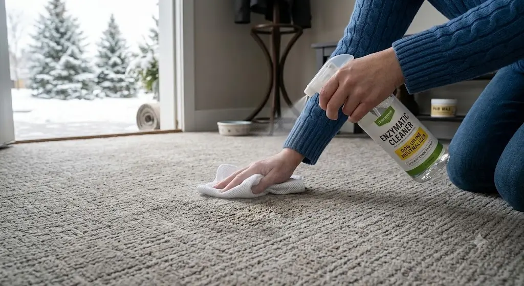 Hands spraying enzymatic cleaner on carpet to neutralize dog urine odor and uric acid crystals
