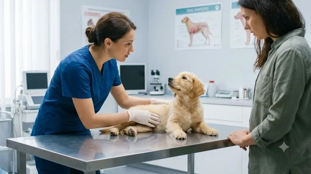 Veterinarian examining a puppy for digestive health and stomach issues
