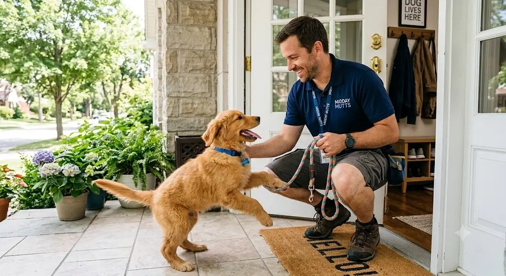 A dog walker greeting an excited young puppy at the front door with leash in hand for a midday break
