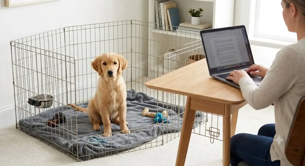Golden Retriever puppy sitting calmly in a crate playpen area while owner works on laptop