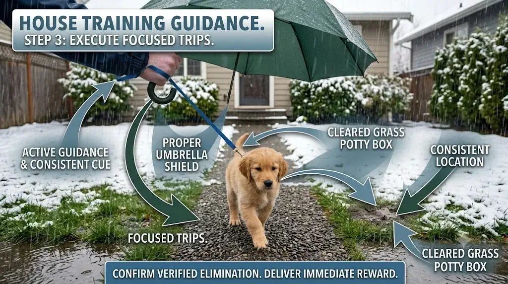 House training a puppy in bad weather showing handler guiding puppy on cleared snow path