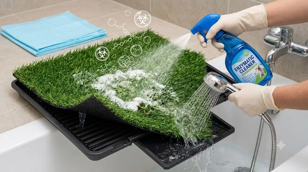 Cleaning and rinsing an indoor artificial grass potty tray with enzymatic solution in a bathroom