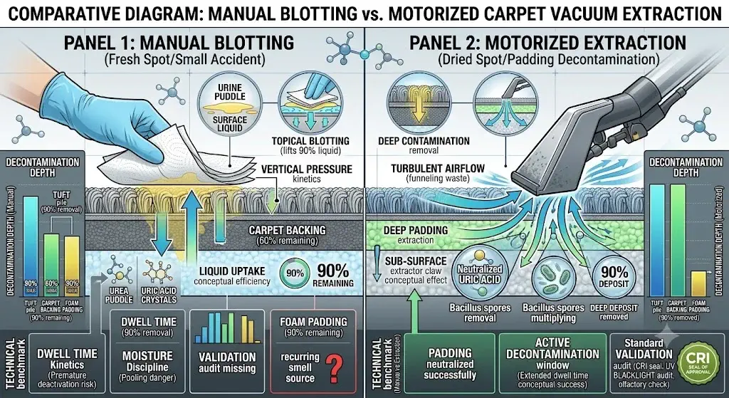Diagram comparing manual paper towel blotting against motorized carpet vacuum extraction