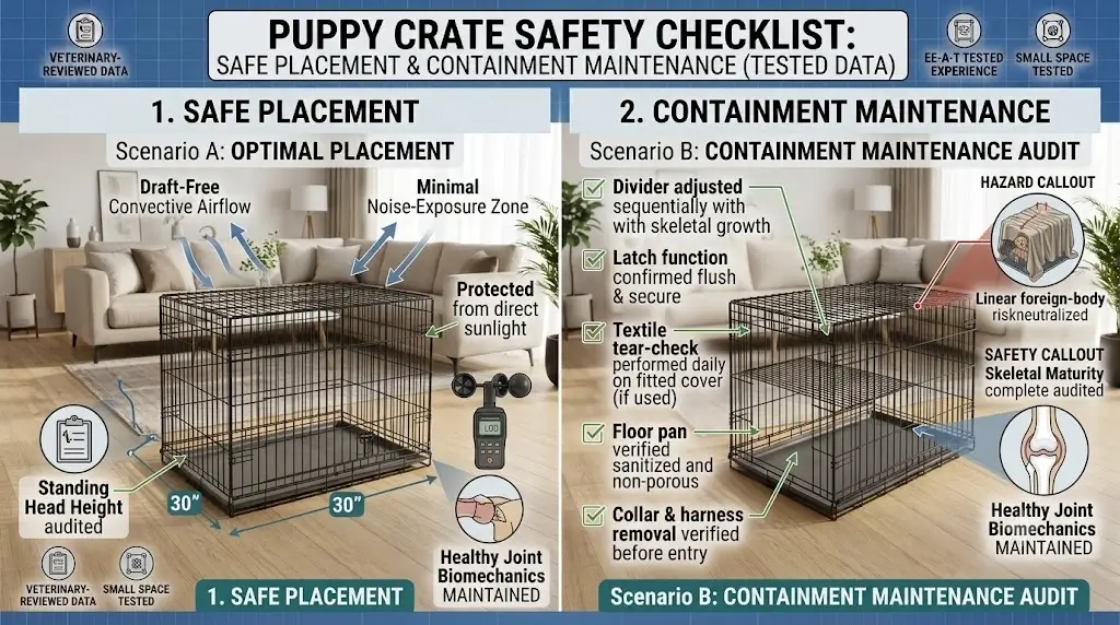 Infographic checklist illustrating safe crate placement and essential containment maintenance steps