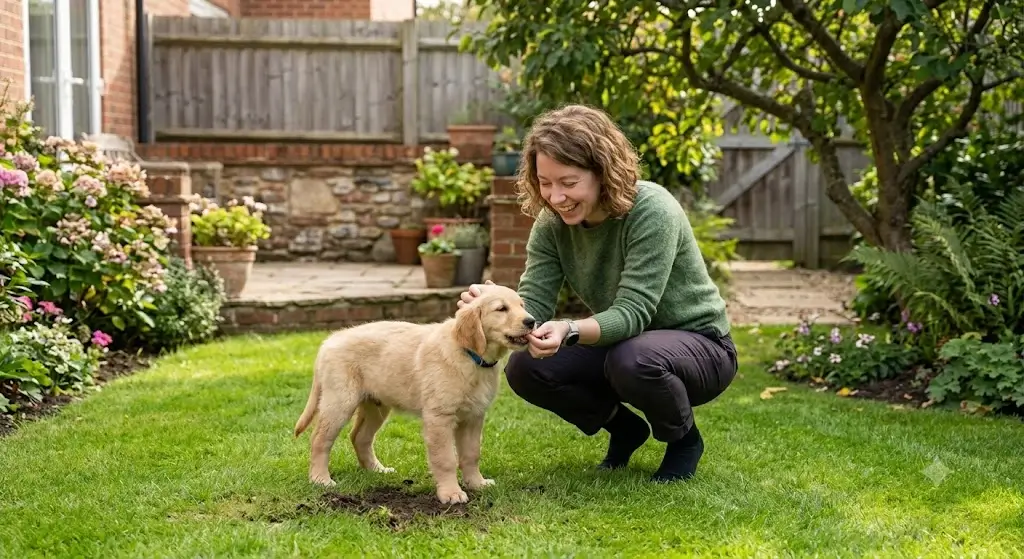 Dog owner bending down in an outdoor yard to praise and reward a young puppy immediately after a successful potty break