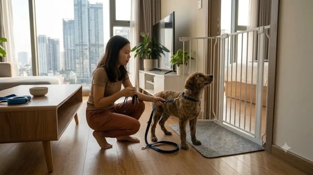 A professional dog walker leashing a puppy for a scheduled midday bathroom break