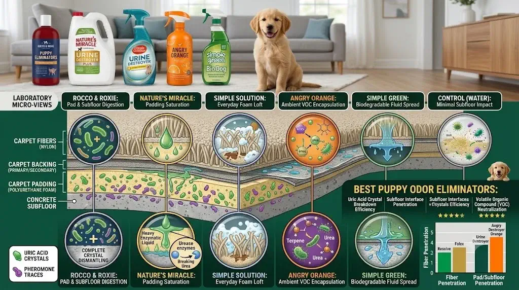 Best puppy odor eliminators evaluated for deep carpet penetration and volatile organic compound neutralization