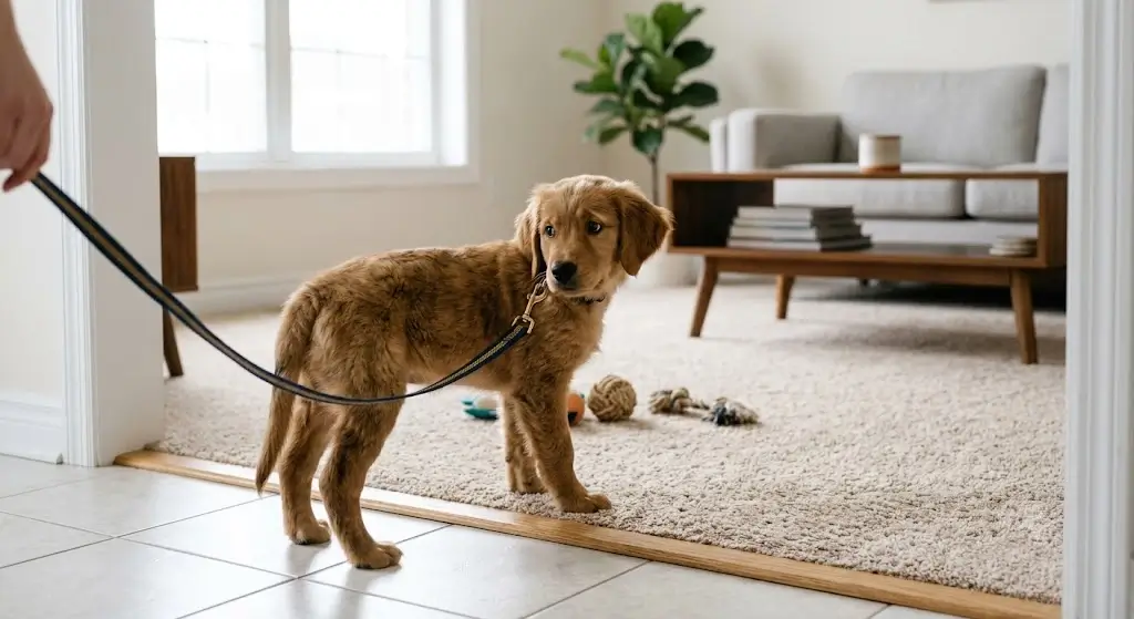 A small puppy standing at the threshold of a carpeted room looking inside hesitantly