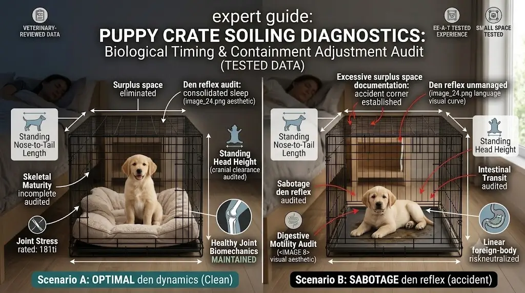 Puppy crate troubleshooting diagram showing gastrocolic reflex timing and divider adjustment to stop crate accidents
