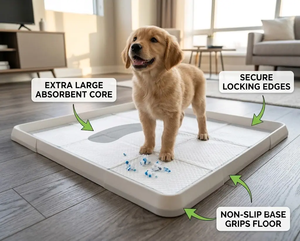 Extra large puppy training pad in non-slip tray protecting apartment hardwood floors from edge leaks