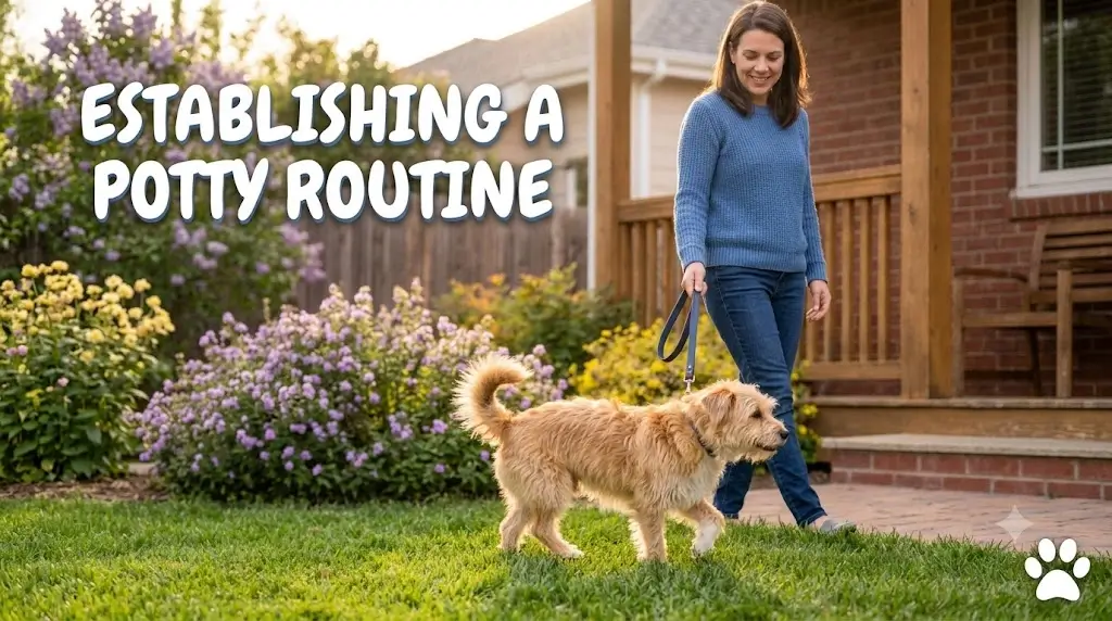 Adult dog walking on leash outdoors during scheduled potty routine