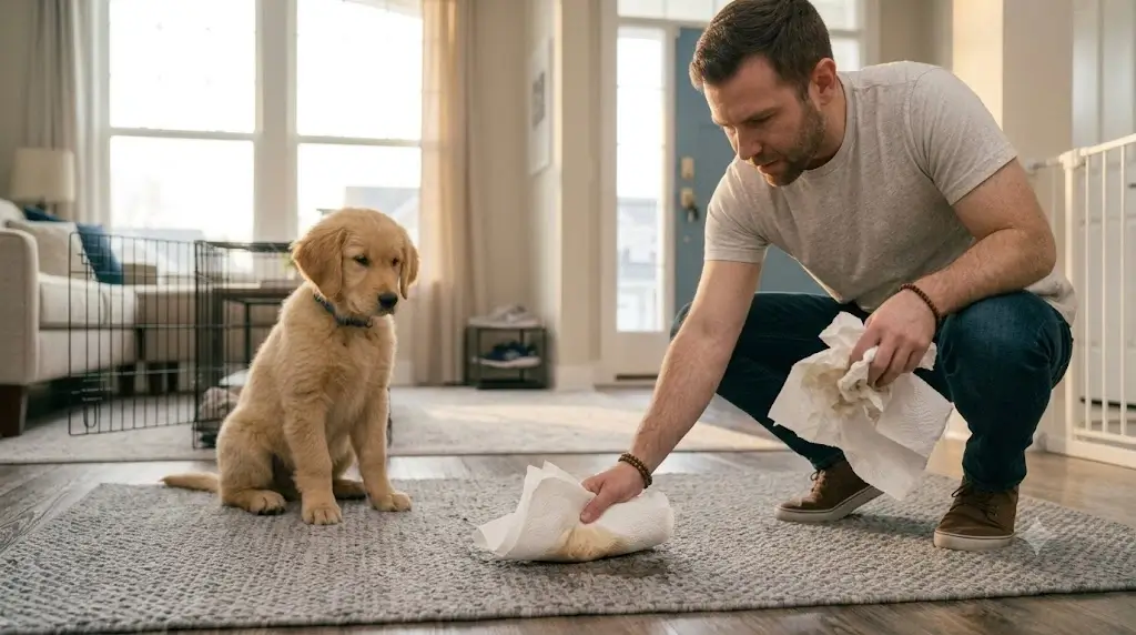 Owner blotting fresh puppy urine from a carpet using absorbent paper towels