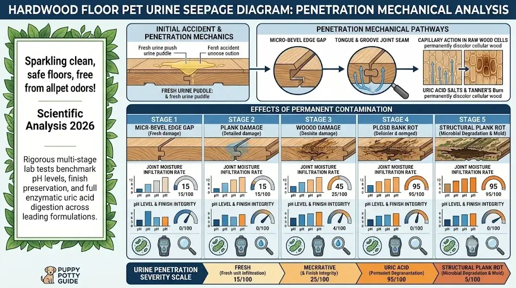 Diagram showing pet urine penetration into hardwood floor tongue and groove joints and polyurethane finish