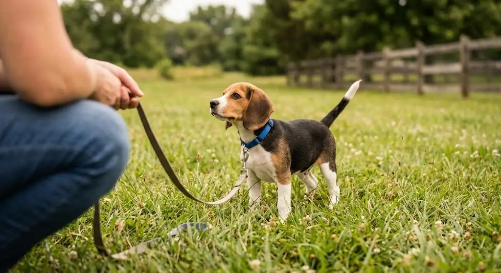 Puppy looking distracted on a leash outdoors in the grass