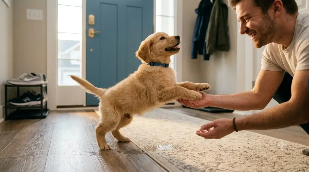 Excited young dog greeting owner at the front entryway indoors