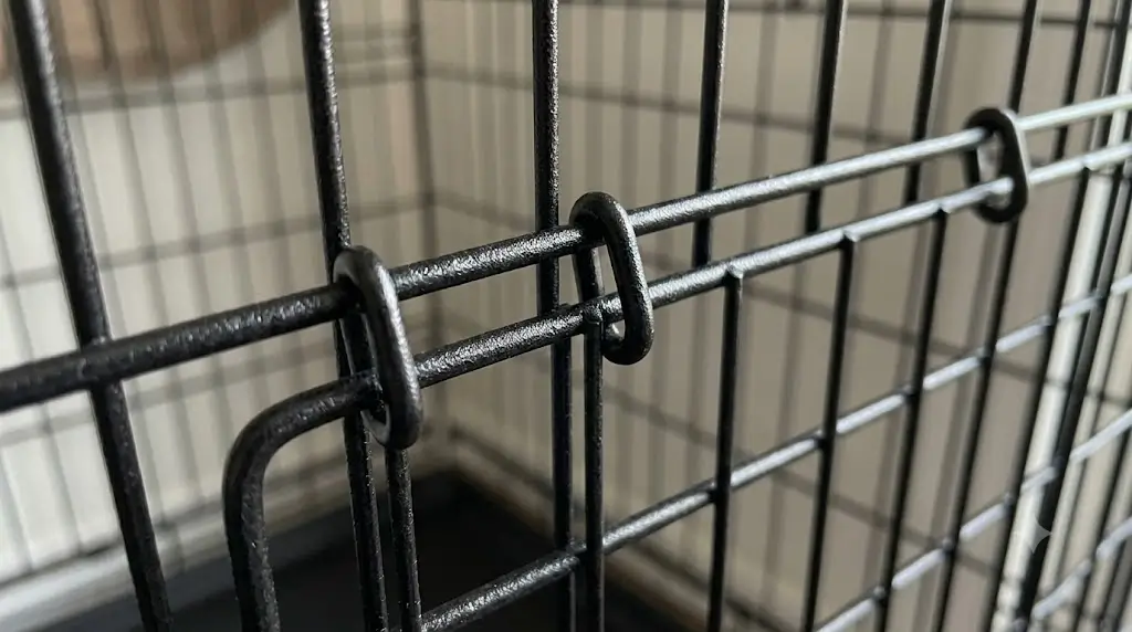 Detailed close up of MidWest iCrate divider panel attachment hooks secured tightly onto horizontal wire runs