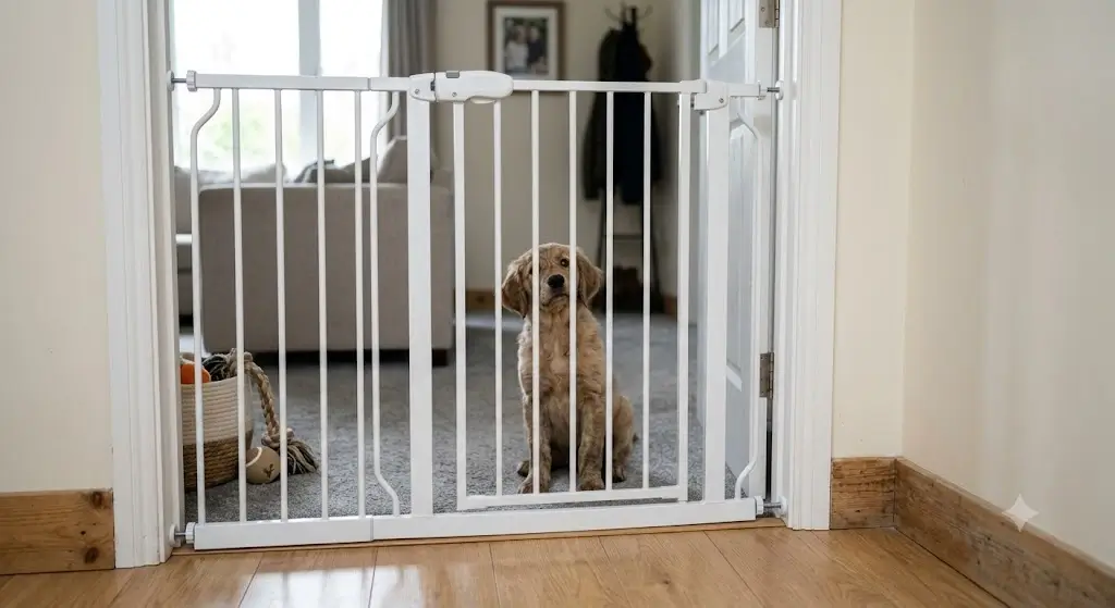 A white pet safety baby gate blocking a hallway doorway to control puppy room access
