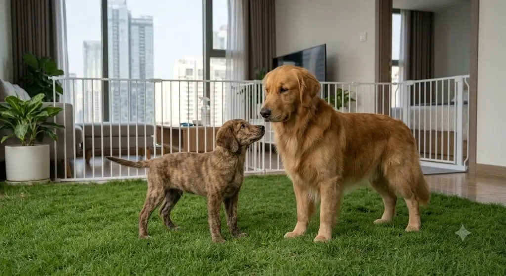 A young puppy standing next to a calm adult resident dog on a backyard grass lawn