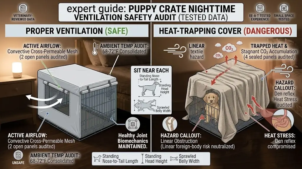 Infographic illustrating proper nighttime crate ventilation with side flaps opened versus heat-trapping covers