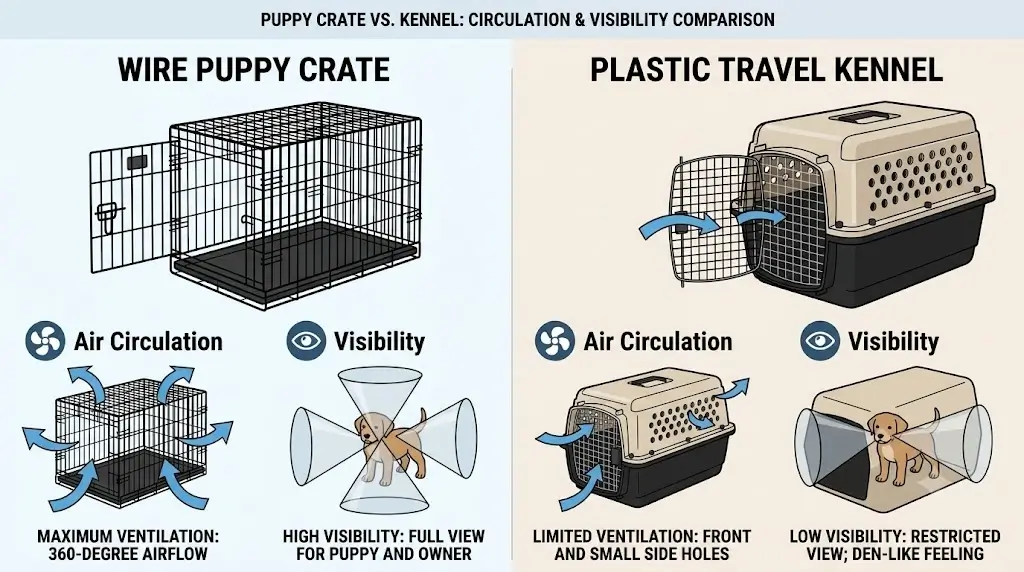 Diagram comparing air circulation and visibility differences between a wire puppy crate and a plastic travel kennel