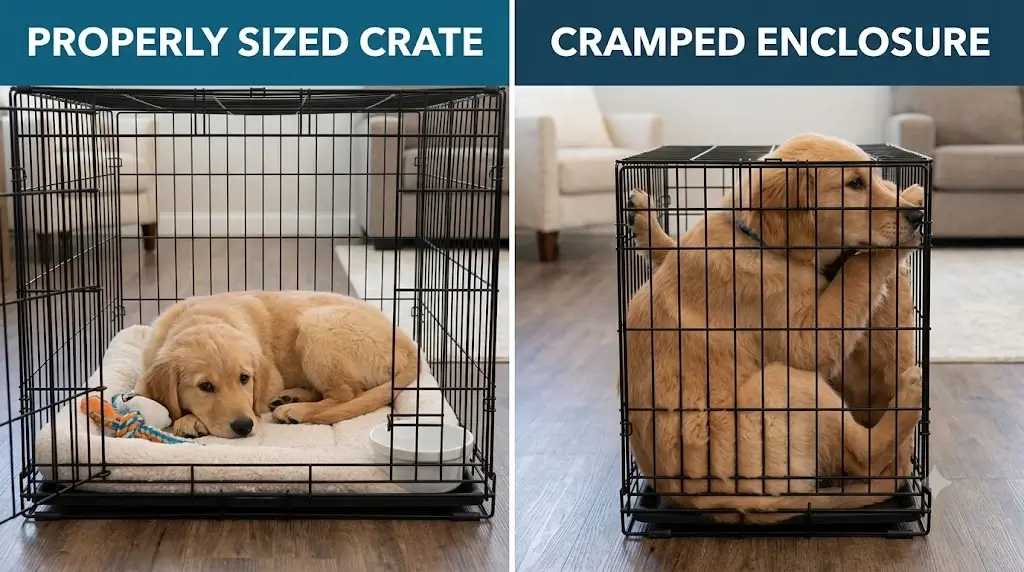 Side-by-side comparison of a puppy resting comfortably in a properly sized crate versus a cramped enclosure