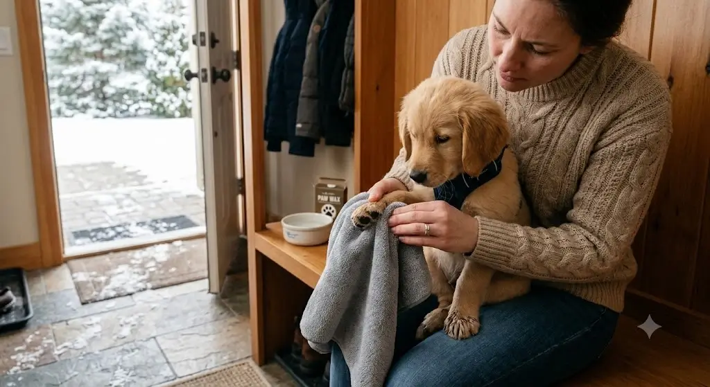 Dog owner gently checking and drying puppy paw pads with a towel after walking on snowy pavement
