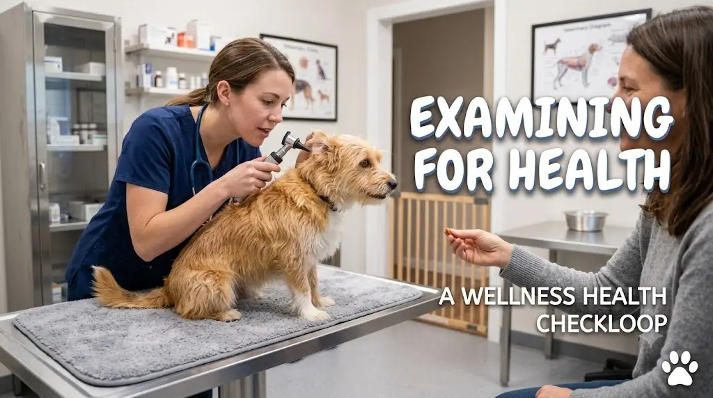 Veterinarian examining an adult dog on an exam table to rule out health issues