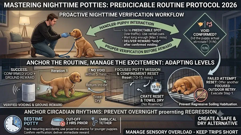 Workflow diagram illustrating 8-week-old puppy potty attempts, verification steps, and crate reset loops
