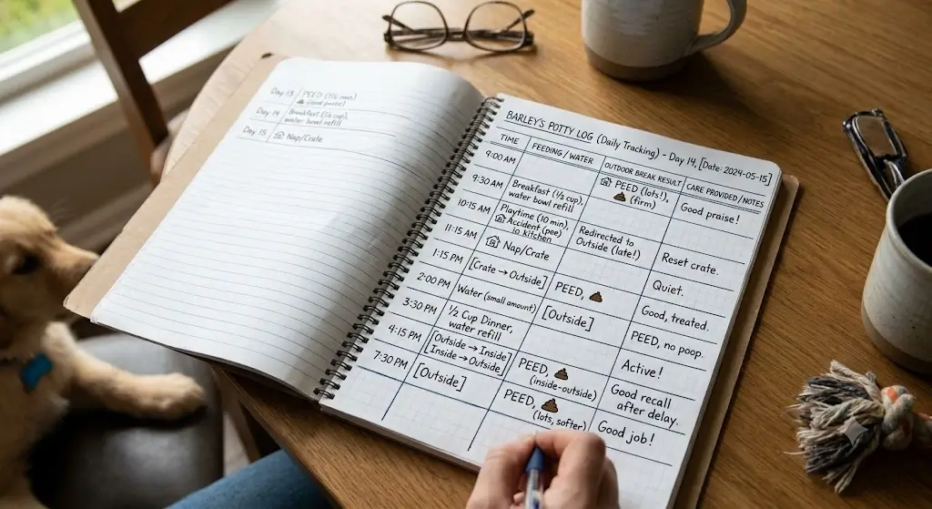 A notebook showing a daily puppy potty log tracking time, feeding, and outdoor potty results