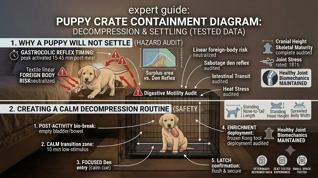 Infographic illustrating why a puppy will not settle in a crate and how to create a calm decompression routine