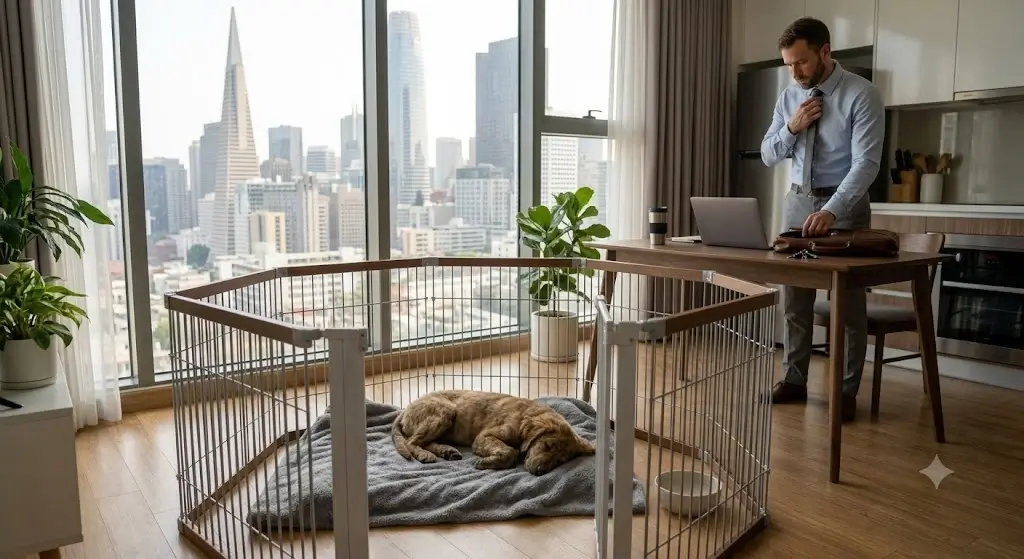 A young puppy resting comfortably inside a safe exercise pen setup while owner prepares for work