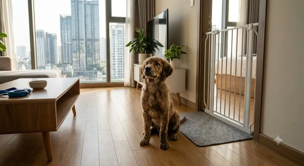 A small puppy sitting alert on a clean hardwood floor in a compact modern apartment living area