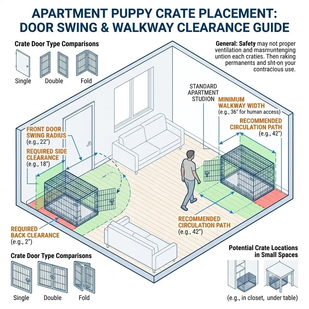 Technical diagram showing door swing clearance and walkway widths for apartment puppy crates